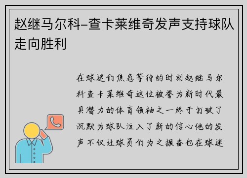 赵继马尔科-查卡莱维奇发声支持球队走向胜利