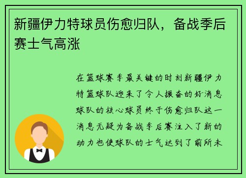 新疆伊力特球员伤愈归队，备战季后赛士气高涨