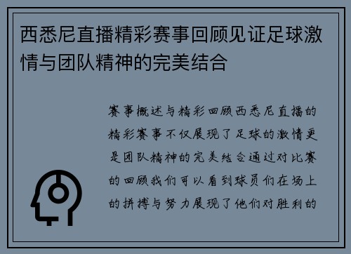 西悉尼直播精彩赛事回顾见证足球激情与团队精神的完美结合