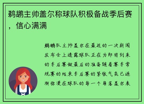 鹈鹕主帅盖尔称球队积极备战季后赛，信心满满